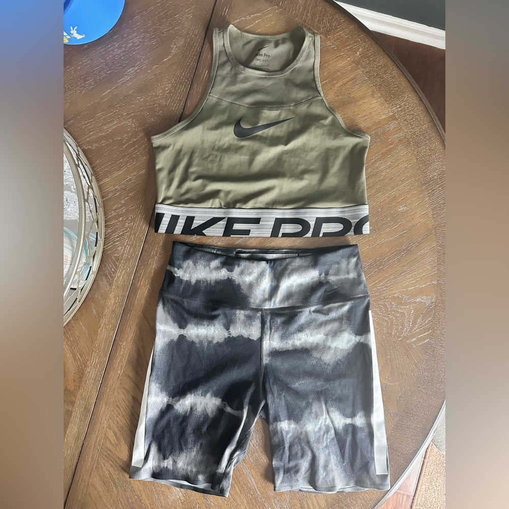 Nike Olive Crop Top and Tye Dye Biker Shorts Set Size M